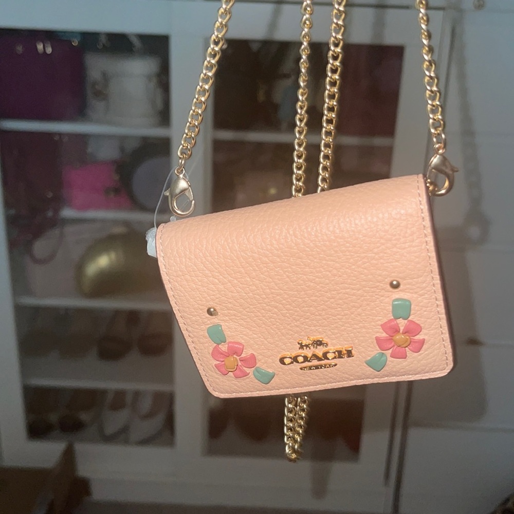 Mini Wallet On A Chain With Floral Whipstitch